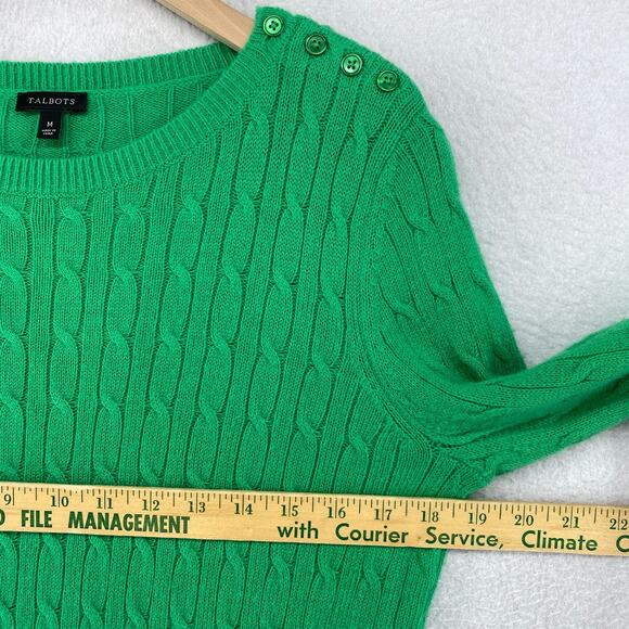TALBOTS Sweater M Lambswool Blend Cable Ribbed Jumper Button Shoulder Green - Picture 8 of 11